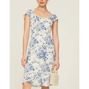 Reformation Blue Toile Mini Dress Size 4 Designer Cottagecore Sheath Ruffle $218